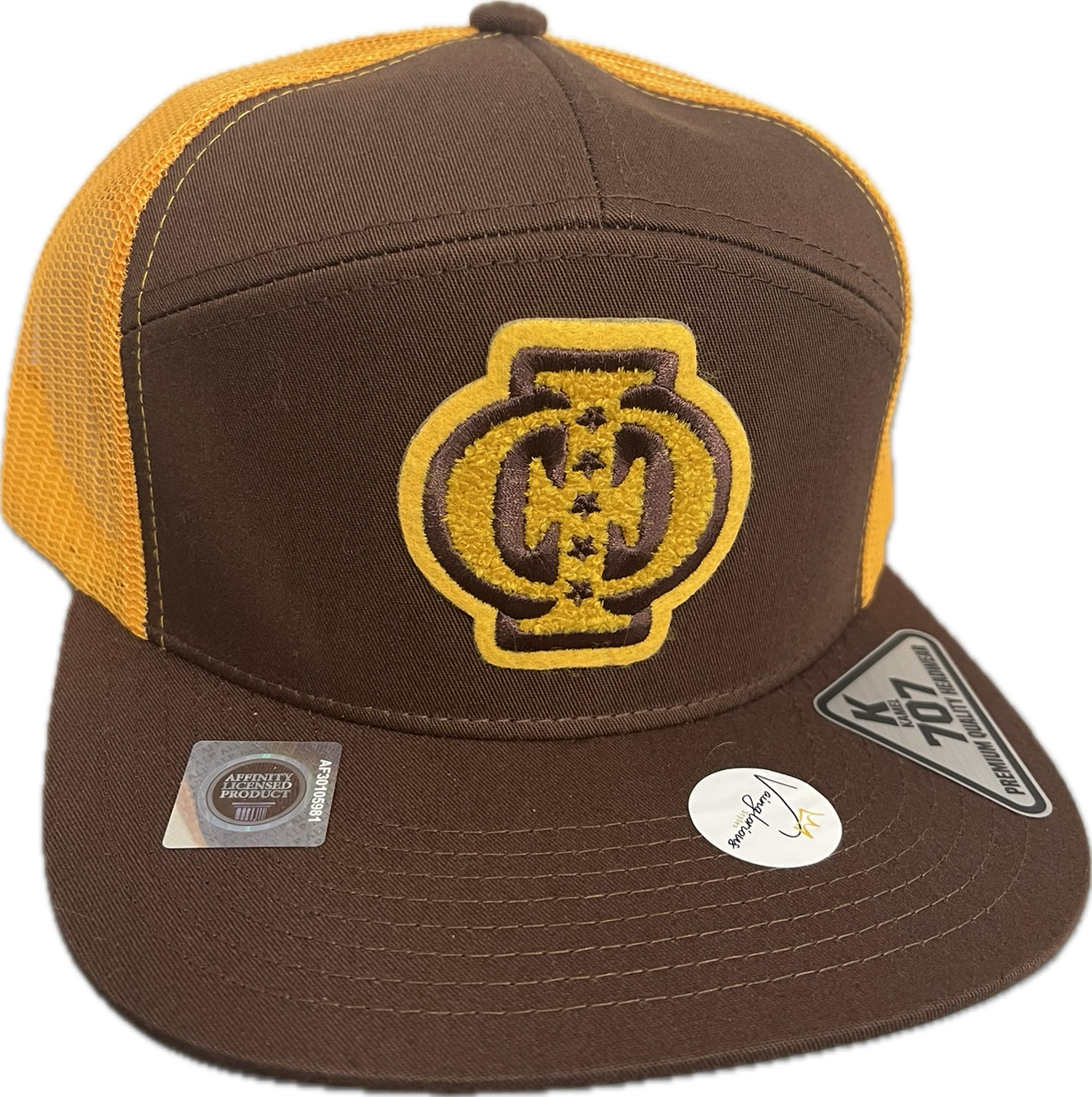 Iota Phi Theta ALL-IN-ONE Trucker Hat – Brown & Gold Edition