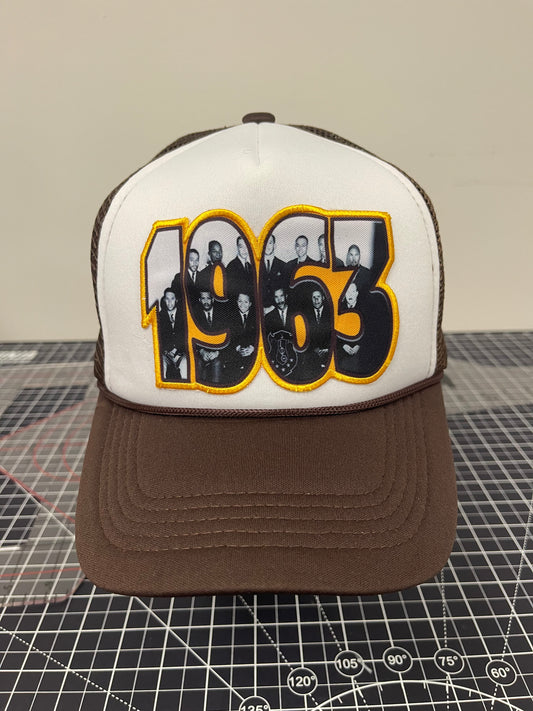 1963 Founders Trucker Hat – White/Brown Edition
