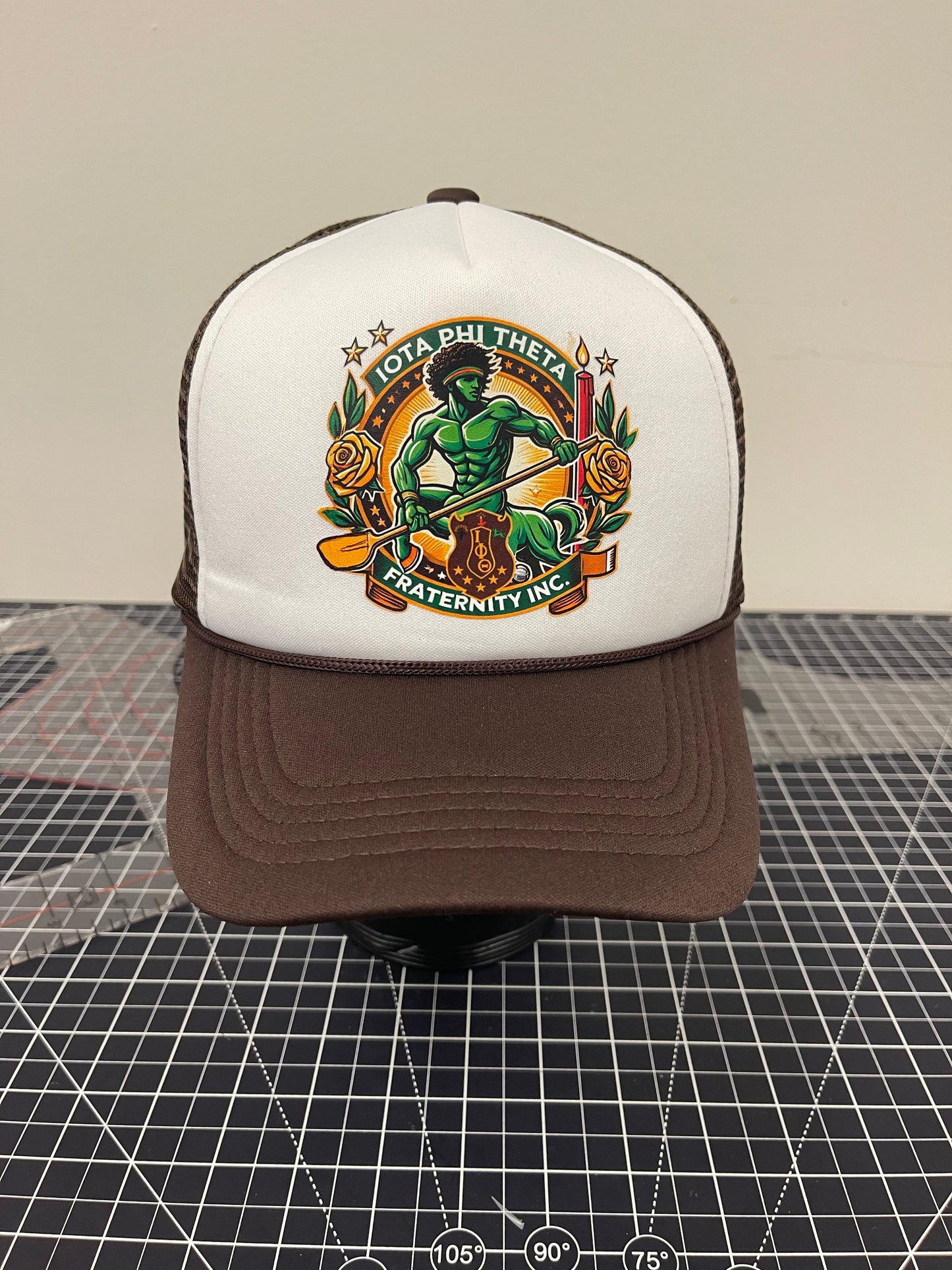 Iota Warrior Seal Trucker Hat – White/Brown Edition