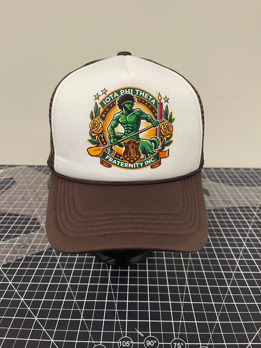 Iota Warrior Seal Trucker Hat – White/Brown Edition