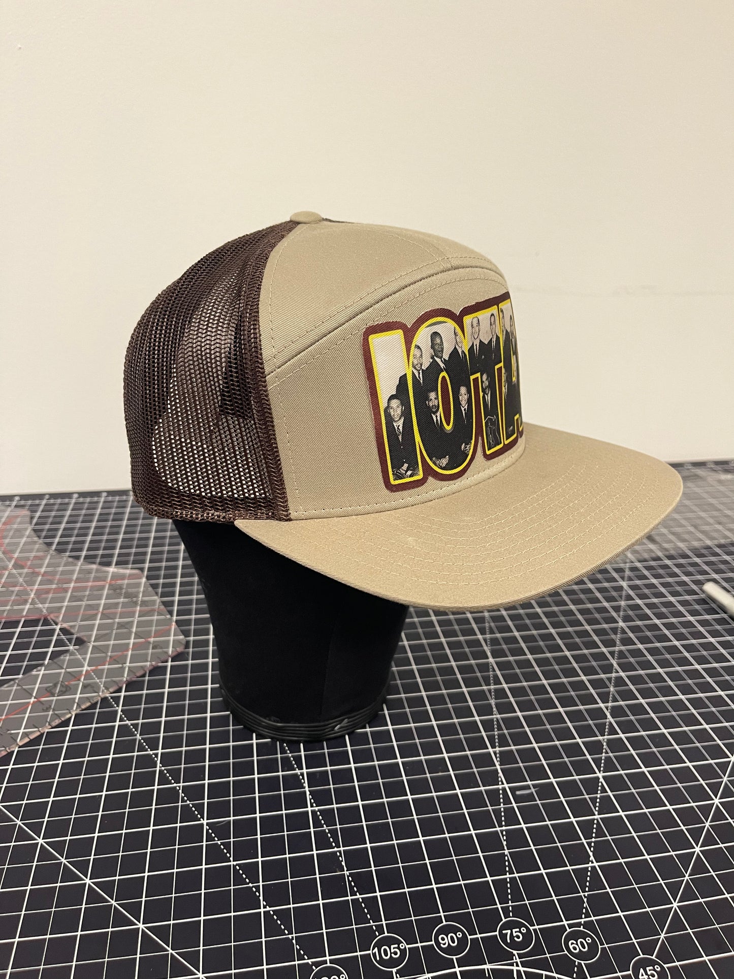 IOTA Founders Block Trucker Hat – Khaki/Brown Edition