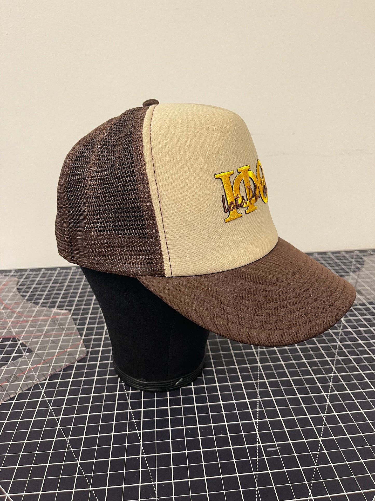 IΦΘ Signature Script Trucker Hat – Khaki/Brown Edition